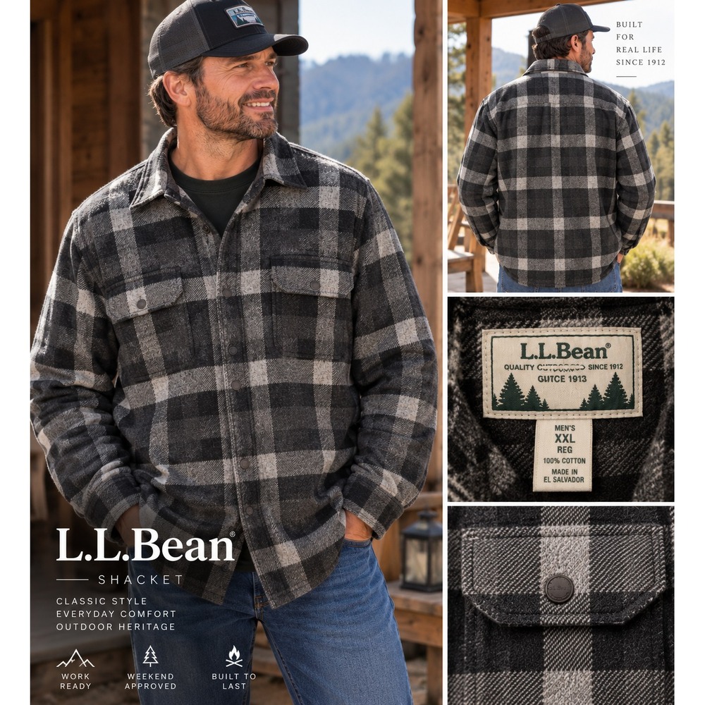L.L.Bean Men's XXL Tall Plaid Shacket Shirt Jacket Gray Black Flannel Outdoor
